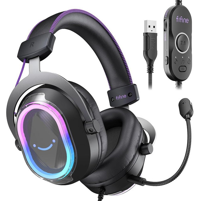 FIFINE Wired Gaming Headsets: 7.1 Surround Sound - Vibrant Customizable RGB - Game/Chat Balance, USB Gamer Headphones with Noise Canceling Microphone for PC, PS5/PS4, Laptop, Mac - AmpliGame H13BP
