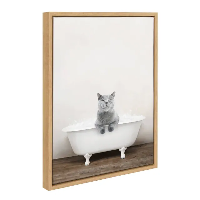 Kate & Laurel All Things Decor 18"x24" Sylvie Cat in Rustic Bath Framed Canvas by Amy Peterson Natural: Vertical Bathroom Wall Art