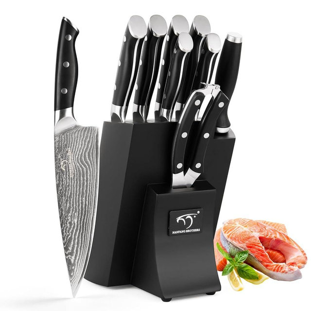NANFANG BROTHERS Knife Set, 9 Pieces Damascus Kitchen Knife Set with Block, ABS Ergonomic Handle for Chef Knife Set, Knife Sharpener and Kitchen Shears, Knife Block Set