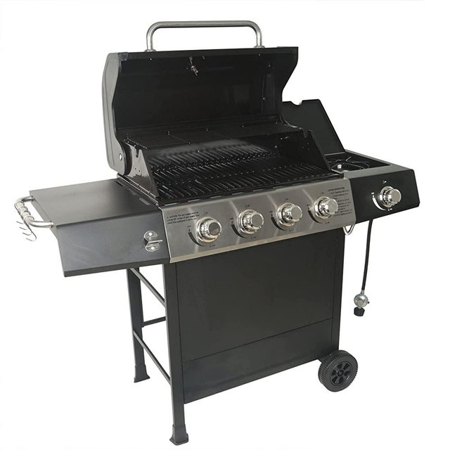 Grill Boss GBC1449M Outdoor BBQ 4 Burner Propane Gas Grill for Barbecue Cooking with Top Cover Lid, Wheels, Shelves, & Bottle Opener, Black