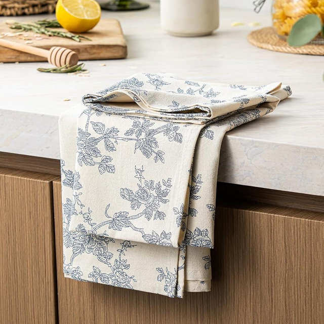 YZJZEDS 100% Cotton French Pastoral Kitchen Towels Set of 2, Decorative Flour Sack Tea Towels with Hanging Loop 18x25 Inch Absorbent Dish Cloths Farmhouse Home Decor, Blue