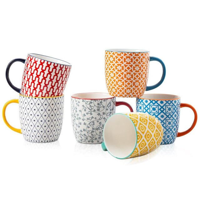 Cerkik Ceramic Coffee Mugs Set - 10 Oz Large Porcelain Tea Cups with Handle for Cappuccino Latte Cocoa Milk Tea - Christmas Housewarming Gift - Microwave Dishwasher Safe - Set of 6 - Assorted Colors