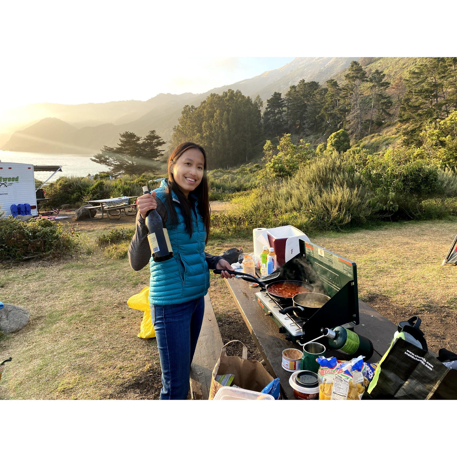 First camping dinner together. Wine was a must.