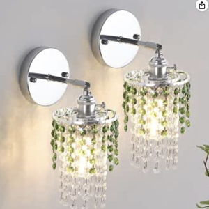 Shenmoyl Set of 2 Crystal Battery Operated Wall Sconce,Rechargeable Wall Lamp with 5400mAh Battery & Remote Control, Modern Dimmable Wireless Wall Lights for Bedroom Bathroom (Green, Silver Base)