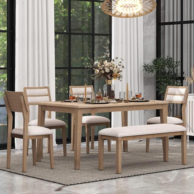 Harper & Bright Designs Kitchen Dining Table Set for 6, Classic and Traditional Style 6 - Piece Dining Set, Includes Dining Table, 4 Upholstered Chairs & Bench (Natural Wood Wash)