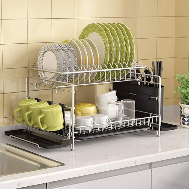 Dish Drying Rack, 1Easylife 2 Tier Large Kitchen Dish Rack with Removable Drainboard, Utensil Holder and Cup Holder, Rustproof Nano Coating Dish Drainer for Kitchen Counter, Dish Dryer Shelf Storage