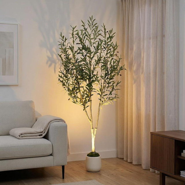 6ft (180 cm) Artificial Olive Tree with White Pot, Moss & USB LED – 943 Leaves, 52 Olives, Lifelike Fake Indoor Potted Plant for Home, Living Room, Office & Bedroom Decor