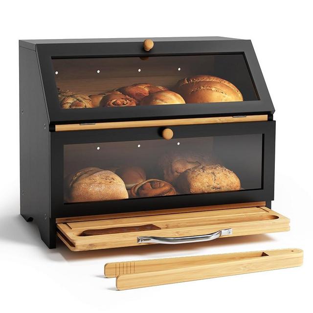 MAISONPEX Double Layer Bamboo Bread Box for Kitchen Countertop, Large Capacity, Cutting Board, Stainless Steel Bread Knife, Double Layer Storage Container with Clear Windows, Black