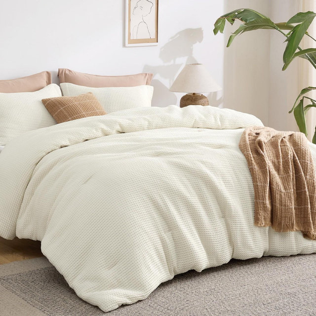 3 Pcs King Waffle Comforter Set - Soft, Breathable Coconut White Bedding with Comforter & 2 Shams
