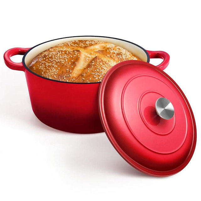 P&P CHEF 7QT Enameled Dutch Oven, Cast Iron Dutch Oven Pot with Lid for Bread Baking, Enameled Casserole Pot for Roasting Braising Stewing Frying Simmering, Various Stoves & Easy Clean, Red
