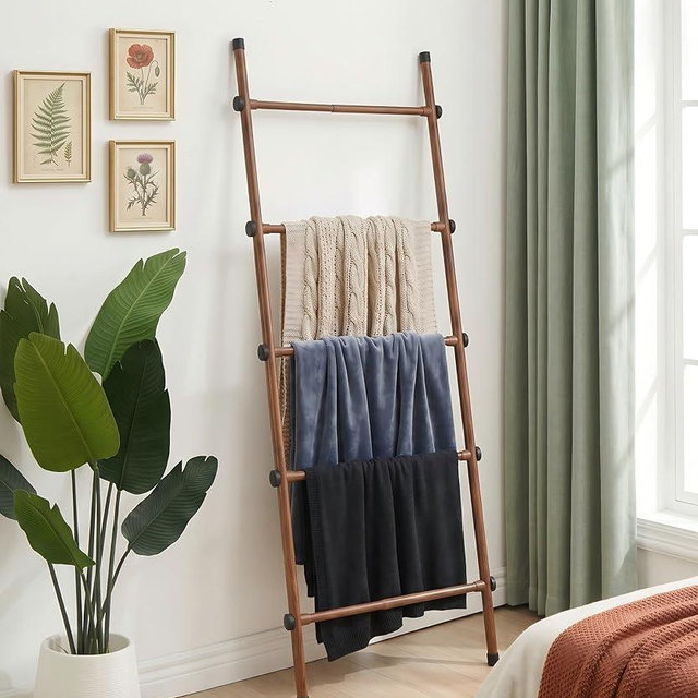 SIBRAD Expandable Blanket Ladder for Living Room, Adjustable Width (17.3"-32.3") Tall Metal Quilt Rack Wall Leaning, Rustic Brown Wood Grain 5-Tier Blanket Holder, Heavy Duty 45 Lbs Capacity