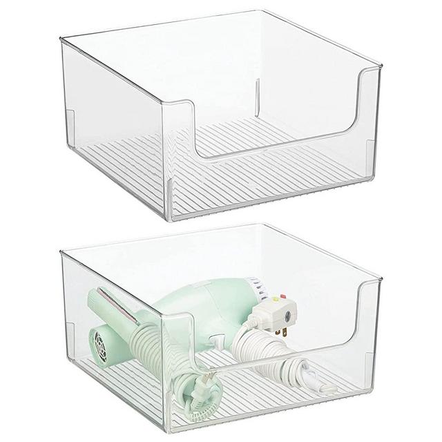 mDesign Modern Wide Plastic Open Front Dip Storage Organizer Bin Basket for Bathroom Organization - Vanity Shelf, Cubby, Cabinet, and Closet Organizing Decor - Ligne Collection - 2 Pack - Clear