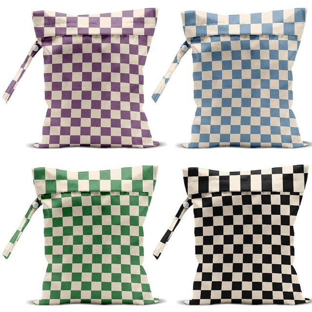 4 Pack Cute Wet Bag Waterproof Washable Reusable Wet Dry Bag for Swimsuit Dirty Clothes Diaper Travel Pool Yoga Gym Christmas Birthday Party Camping Toiletries Beach Essentials, Colorful Checkered