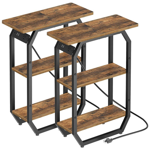 YATINEY Side Table with Charging Station Set of 2, 3-Tie Narrow End Table, Skinny Sofa Tables for Small Spaces, Slim Nightstand with Storage Shelf, for Living Room, Dormitory, Brown ET11L2UBR