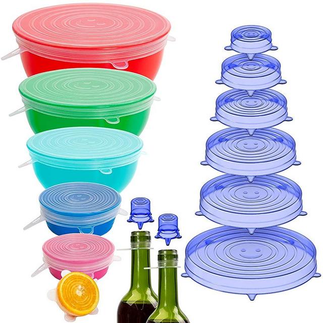 Holikme 16 Pack Silicone Stretch Lids Reusable Durable Fit Different sizes Silicone Covers for Bowls Transparent&Blue