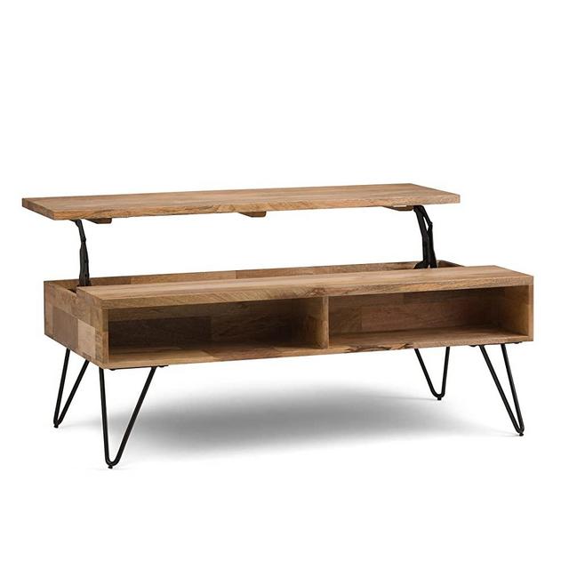 Simpli Home Hunter SOLID MANGO WOOD and Metal 48 inch Wide Rectangle Industrial Contemporary Lift Top Coffee Table in Natural with Storage, 2 Shelves, for the Living Room, Family Room