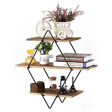 Homode Floating Shelves, 3 Tier Geometric Diamond Wall Shelves, Wood and Metal Art, Rustic Farmhouse Decor
