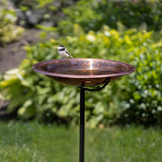 Pure Copper Bird Bath, Featuring a Hand-Applied Fired Finish, and a Multipronged Garden Pole