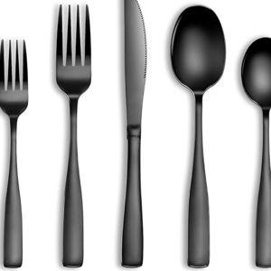40 Pcs Black Silverware Set, Stainless Steel Flatware Set for 8, Food-Grade Cutlery Set, Mirror Polished Tableware Eating Utensils Set for Home Kitchen, Include Knife Fork Spoon Set, Dishwasher Safe