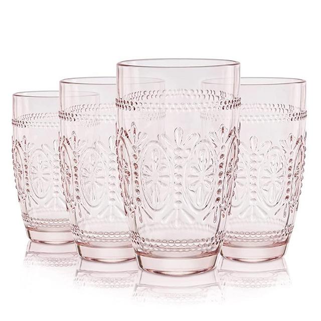 CREATIVELAND 4 Pack Colored Vintage Drinking Glasses, 15.5 oz Romantic Embossed Water Glasses, Colored Tumblers Tempered Glass, Vintage Glassware Set for Juice, Beverages, Beer, Cocktail