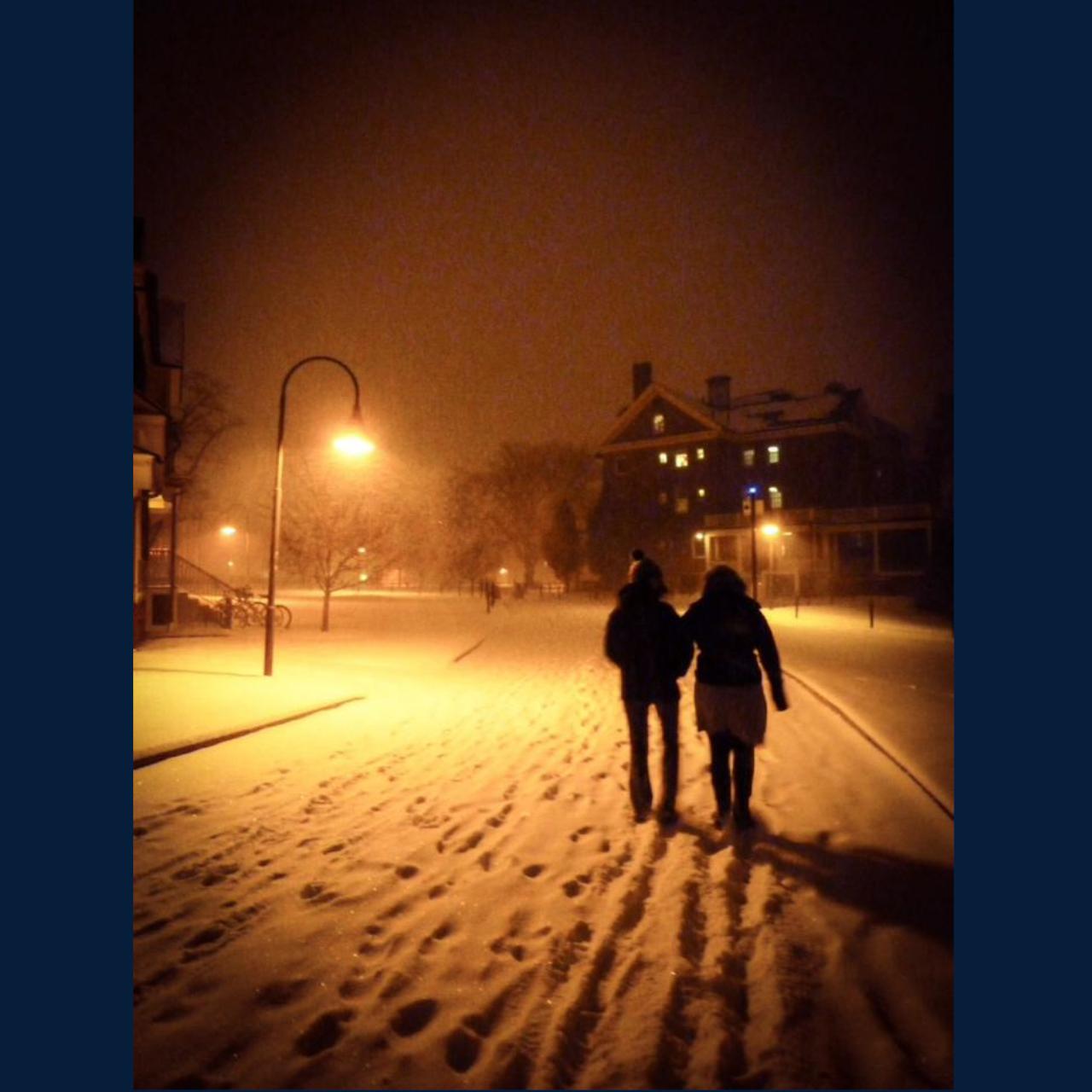 One of our favorite photos, walking home in the snow. Thanks Prim! (December 2013)