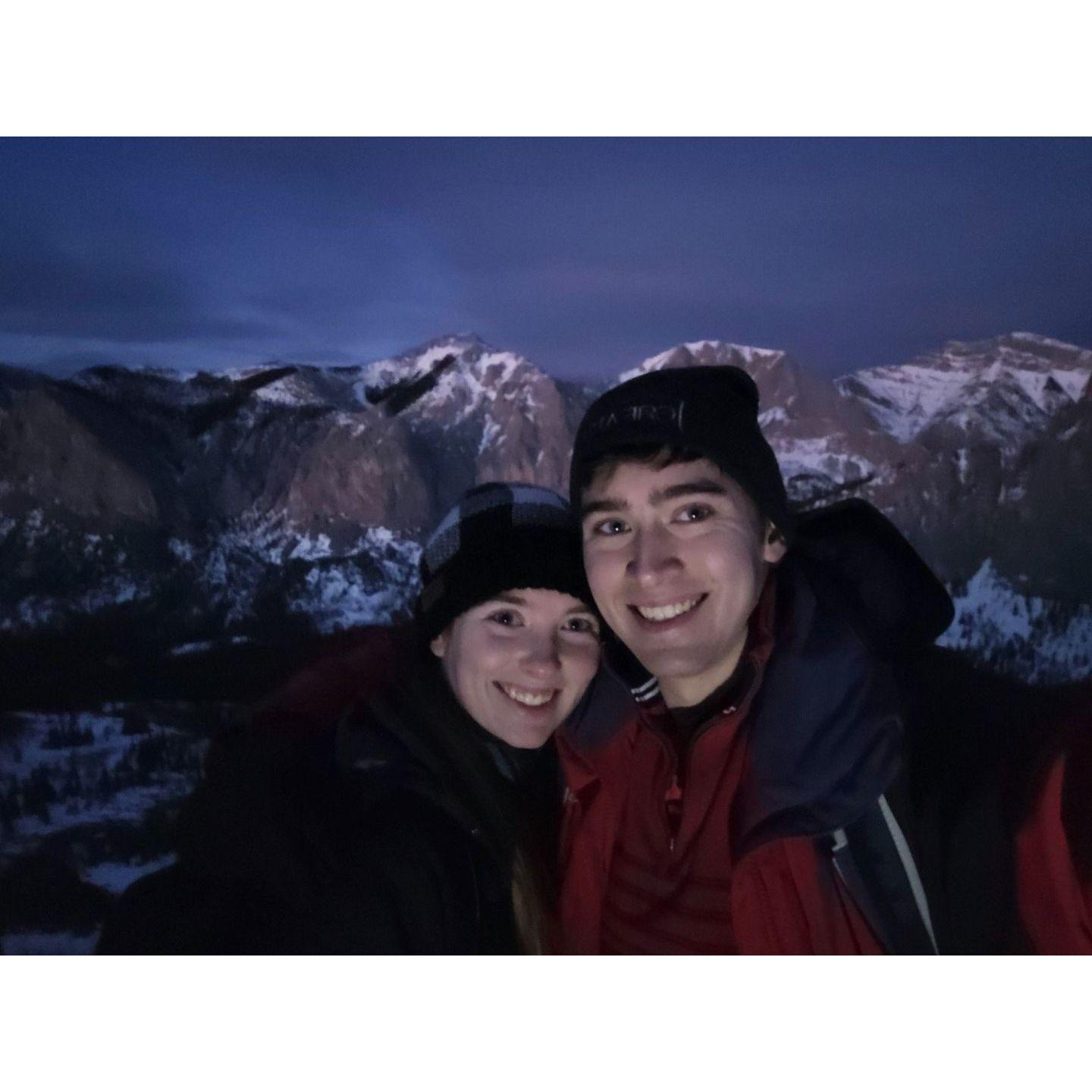 Our first photo together. We sunrise hiked Yamnuska in Jan 2023