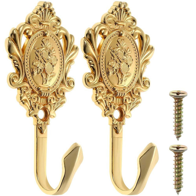 OULII 2-Pack Vintage Drapery Curtain Holdbacks Tieback Hooks Rose Pattern (Golden)