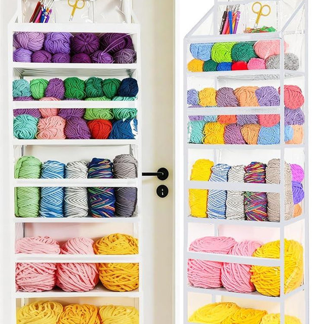 Over the Door Hanging Yarn Storage Organizer - Hold 50+ Yarn Balls, PVC Knitting Organizer Bag with Metal Hooks, 5 Tier Behind Door Yarn Holder for Crochet/Knitting Needles(Clear White), 1 Pack