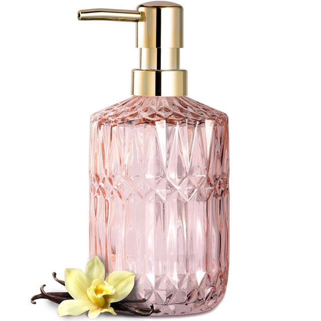 EMPO Clear Glass Soap Dispenser with ABS Plastic Pump, Crystal Lotion Dispensers for Kitchen Sink, Bathroom (Light Pink)