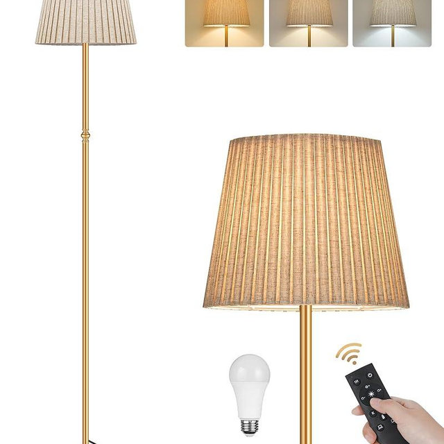 GOEBLESON Dimmable Floor Lamp for Living Room, 68" Tall Standing Lamp, Reading Light with Remote & Foot Pedal, 10W LED Bulb (3000K-6500K) Included, FCC Listed, Reinforced Base, Gold and Beige DE12LD05