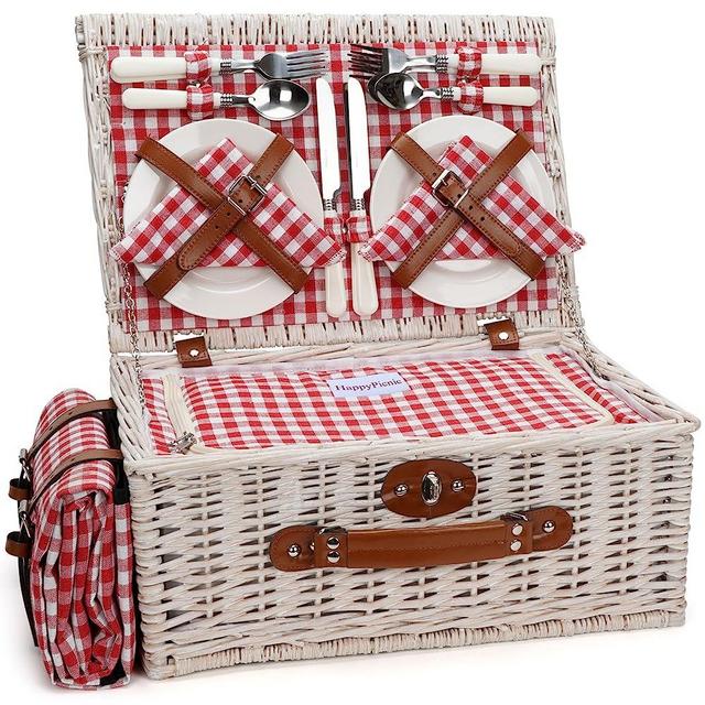 HappyPicnic Fitted Picnic Baskets Cooler Set for 4 Persons with Large Waterproof Picnic Blanket, Insulated Compartment and Cutlery Service Kit-Red