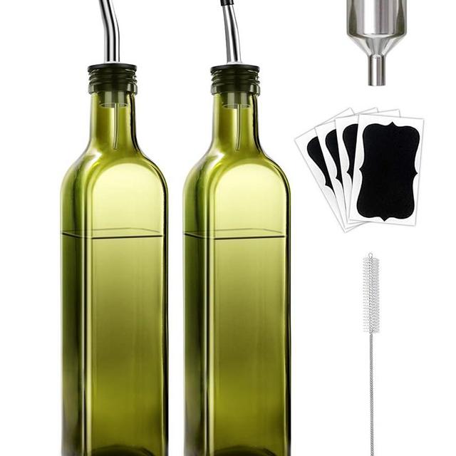 Olive Oil Dispenser Bottle, 2 Pcs Green Glass Olive Oil Dispenser and Vinegar Dispenser Set with 2 Stainless Steel Pourers, 4 Labels,1 Brush and 1 Funnel Oil Bottles for Kitchen (500ml)