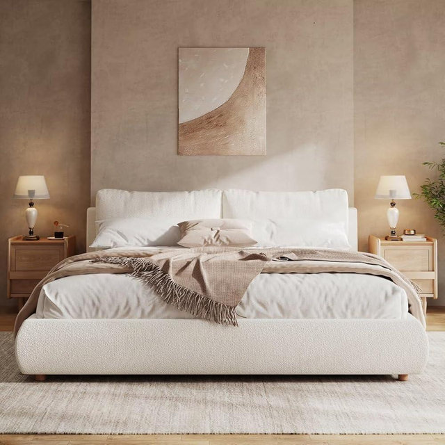 King Size Boucle Upholstered Platform Bed with 2 Removable Pillows and Headboard for Bedroom, King Size Upholstered Bed Frame/Light Luxury Design Mattress Foundation/No Box Spring Needed, White