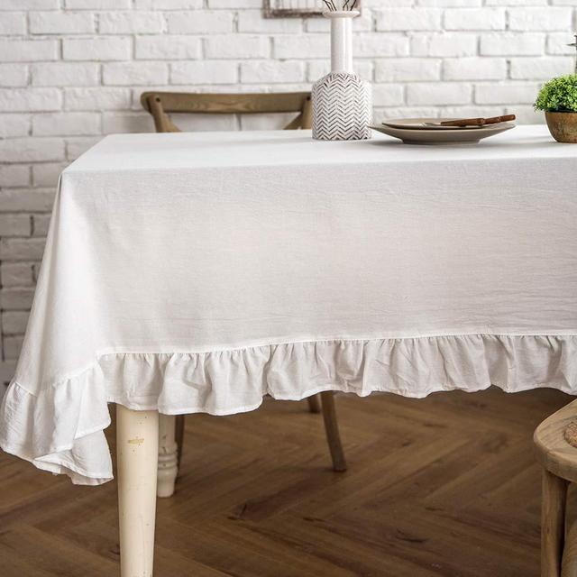 Lahome Rustic Flounces Tablecloth - Cotton Linen Washable Vintage Ruffle Trim Table Cover for Boho Wedding Banquet Tabletop Bridal Baby Shower Birthday Party Decor (White, Rectangle - 60" x 102")