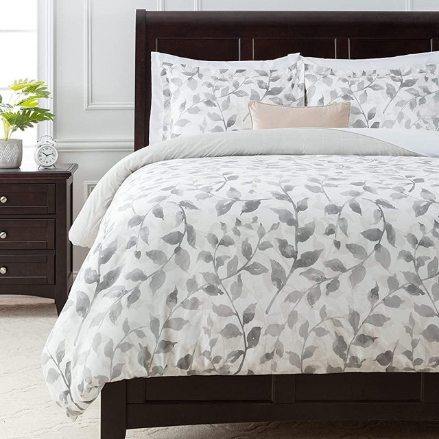 Chanasya Duvet Cover King Set Ultra Soft Layered Leaf Vine Print 3-Piece Reversible Bedding - Brushed Microfiber Comforter Cover - Zipper Closure (1 Duvet Cover & 2 Pillow Shams) Gray Creme - King Bed