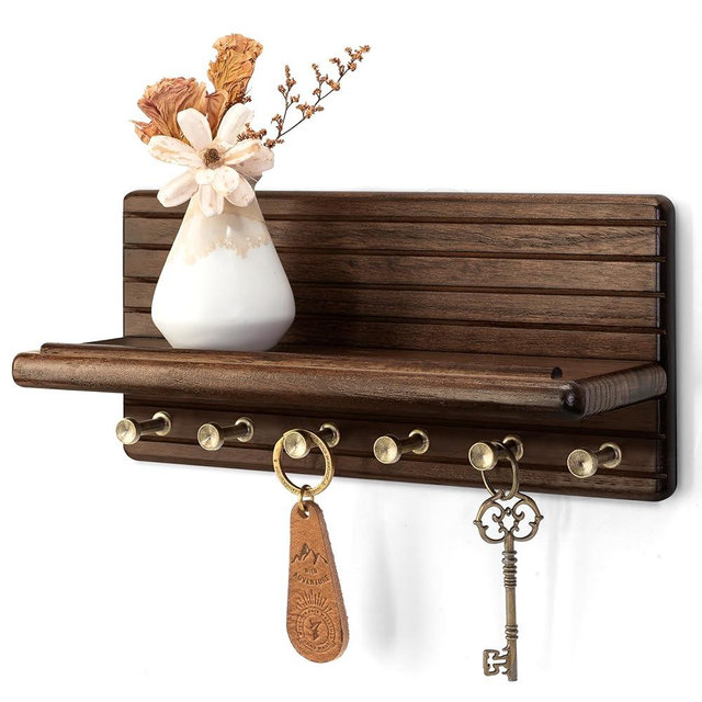 Rebee Vision Cedar Wood Key Holder Wall Mount - Farmhouse Key Holder for Wall with 6 Hooks & Floating Shelf - Apartment Essentials for Home Decor Living Room (Black Walnut)