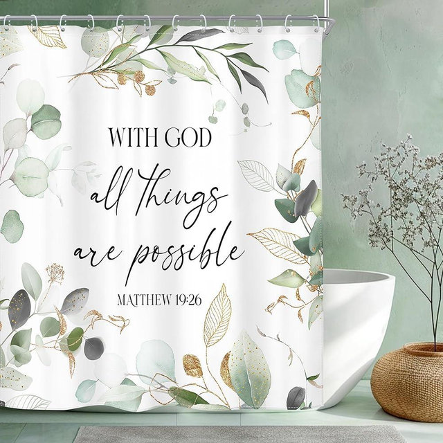 Riyidecor Green Christian Shower Curtain Bible Verse Sage Eucalyptus Leaves Scriptures Spring Inspirational Quotes 72Wx72H Inch Mid Century Fabric Decor Bathroom Polyester Waterproof 12 Pack Hooks