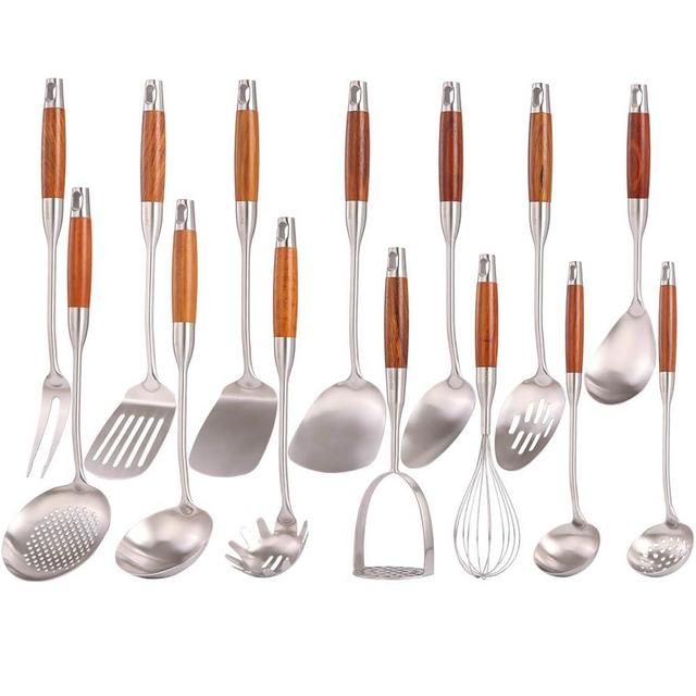 18/10 Stainless Steel Kitchen Utensils Set with Wooden Handle - 14 PCS Metal Cooking Tools & Serving Utensil, Large and Small Spoons Set - Whisk, Masher, Fork, Spatula, Turner, Ladle, Skimmer, Pasta