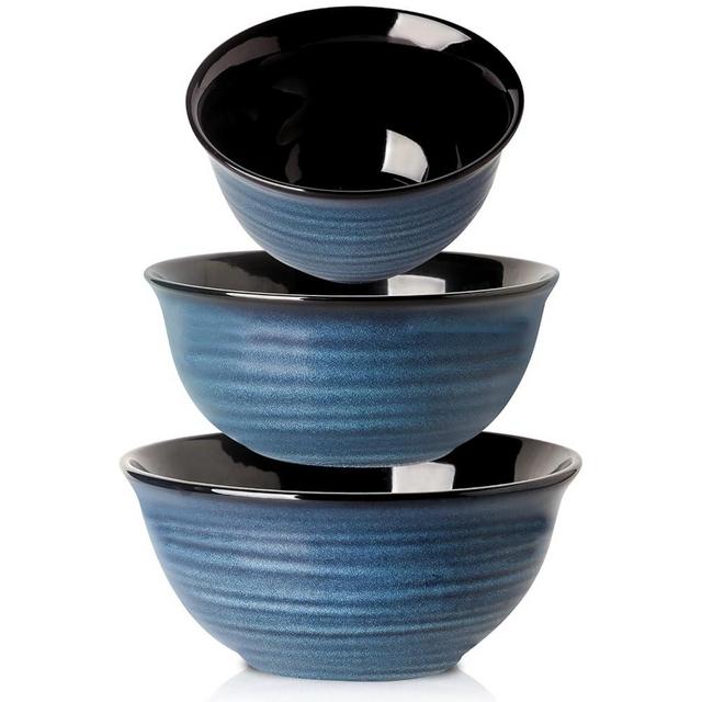 Hasense Mixing Bowls, Ceramic Serving Bowls Set for Cooking, Baking, Prepping, Large Nesting Bowls for Salads, Fruit, Popcorn, Christmas Gift, 2.1/1.5/1.0 Qt, Dishwasher & Microwave Safe, Blue