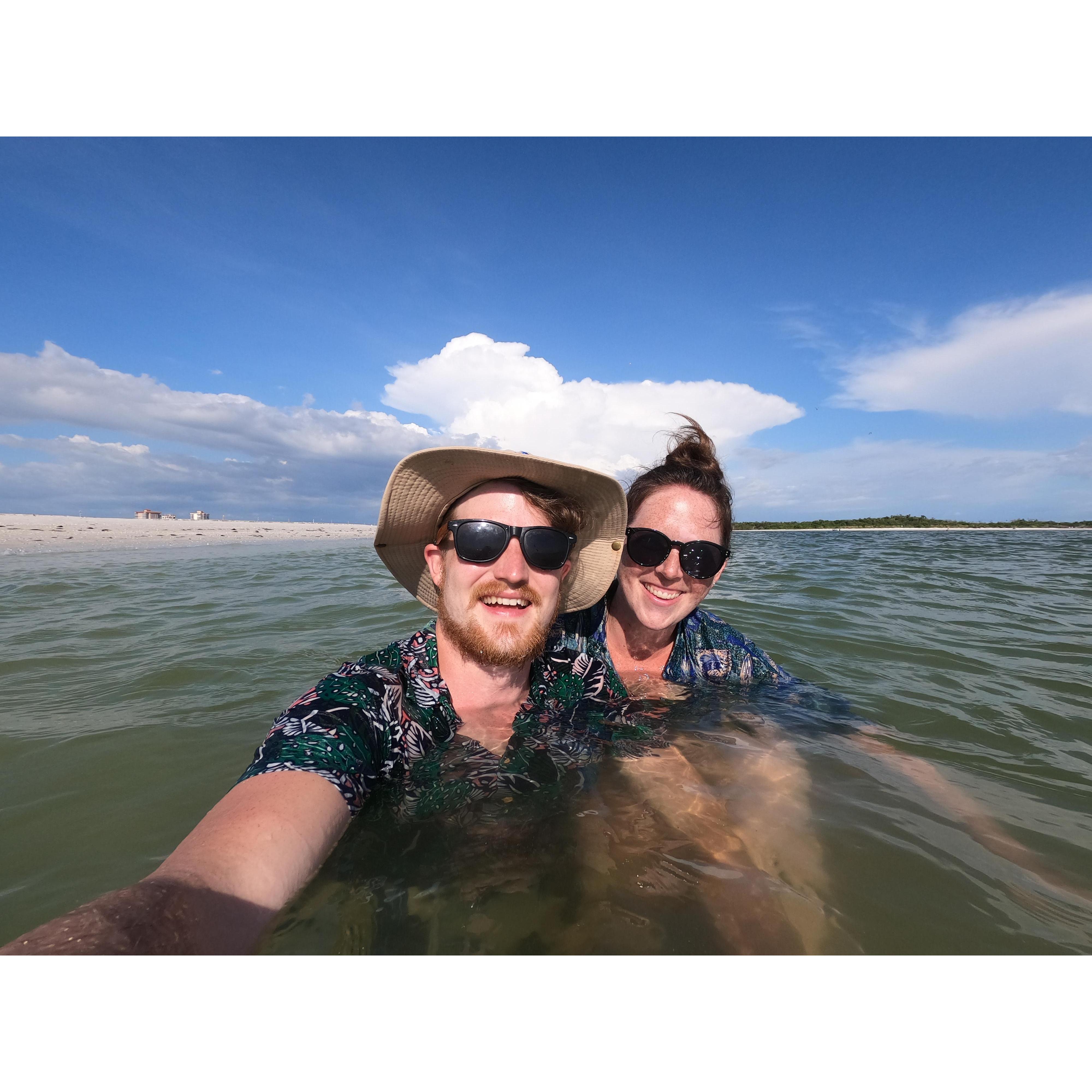 Looking like absolute tourists with our shirts (and hat) in the ocean.