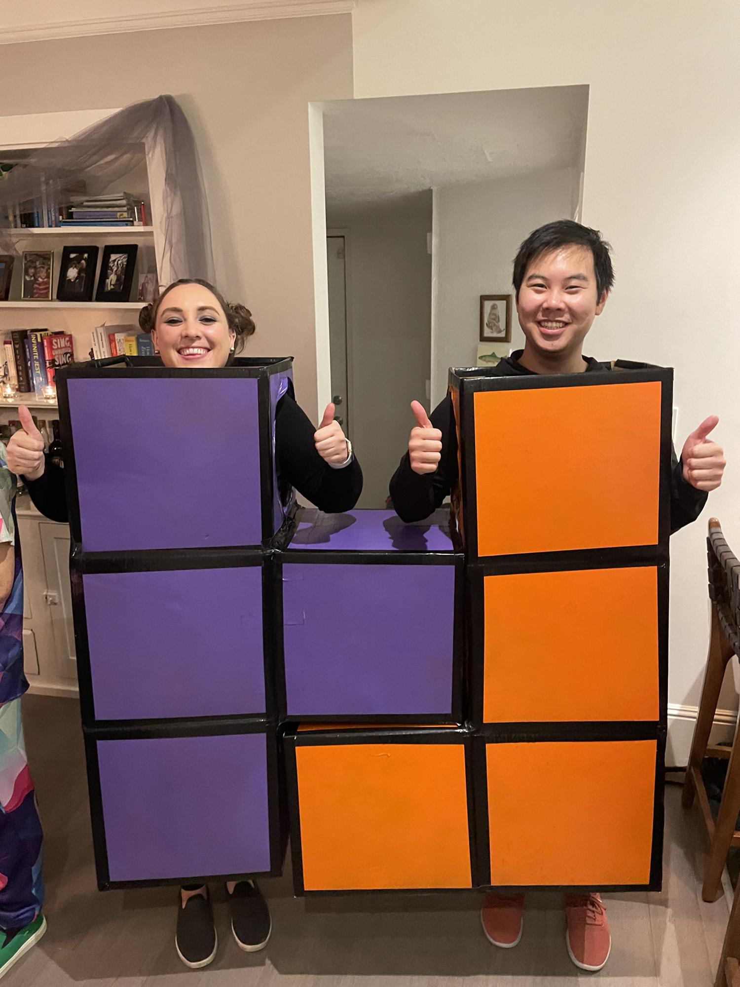 Tetris costumes we made ourselves, Halloween 2021