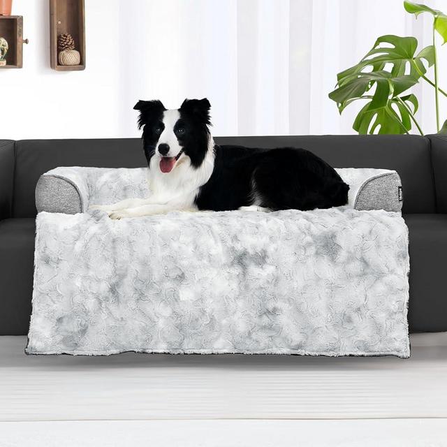 blunique Dog Couch Bed for Large Dogs Tie-dye Grey Memory Foam, Faux Fur Waterproof Dog Bed for Couch Furniture Protector, Calming Dog Bed Washable with for Pet Sofa Cover, Large 41x37 Inches