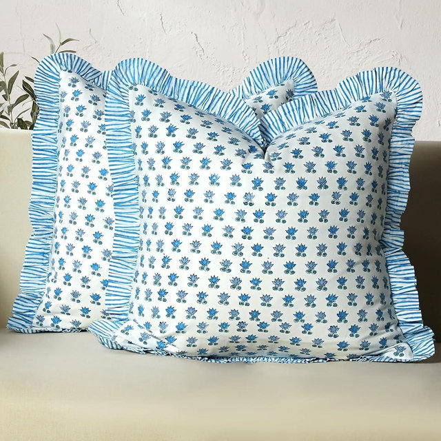 CPC Arctic Blue Hand Block Print 100% Cotton Ruffle Throw Pillow Cover 20x20 inch with Hidden Zipper Decorative for Couch, Bed, Sofa, Farmhouse, Cottagecore Decor Gift Christmas Fall Thanksgiving