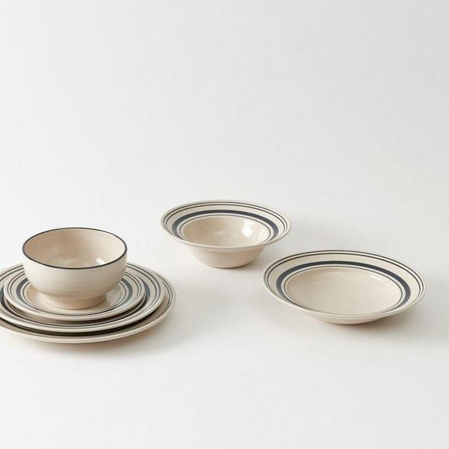 John Julian Black Linen Stripe Dinnerware, Shallow Bowls