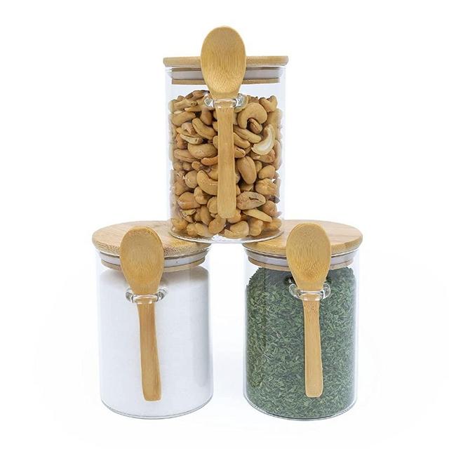 Set of 3 Airtight Glass Jars with Bamboo Lids & Bamboo Spoons - Decorative & Durable 15-Oz Borosilicate Glass Canisters Hold Coffee Beans, Tea, Flour, Sugar, Nuts, Candy, Bath Salts & More