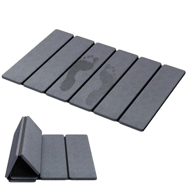 Luxspire Stone Bath Mat Foldable, Quick Drying Diatomaceous Earth Bath Mat for Bathroom, Large Bathroom Rug with Non-Slip Rubber Base, Easy Clean Shower Mat Outside Shower, 23.6 x 15.3 Inch, Dark Gray