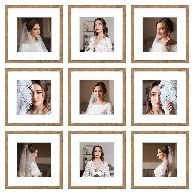 BSRHOME 12x12 Picture Frame Set of 9, Display Pictures 8x8 with Mat or 12x12 without Mat, Multi Collage Gallery Square Photo Frames for Wall or Tabletop,Light Brown
