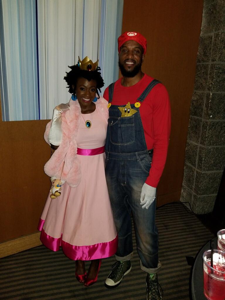 Halloween 2018. Princess Peach and Mario! I made my outfit and made Carrington's power star!