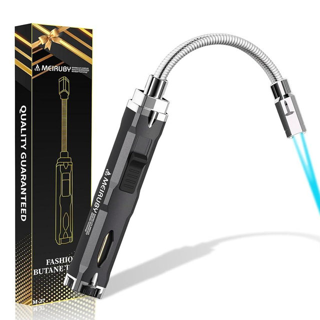 Torch Lighter, Long Flexible Neck Refillable Butane Lighter, Jet Flame Windproof Lighter with Visual Fuel Window for Kitchen Cooking, Baking, BBQ & Camping (Fuel Not Included)