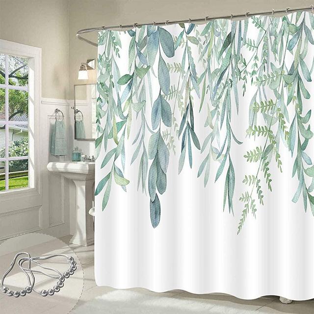 Gibelle Green Plant Leaves Shower Curtain, Spring Sage Green Eucalyptus Leaf Succulent Botanical Country Watercolor Floral Bathroom Fabric for Shower Curtain Liner Set with Hooks, 72x72